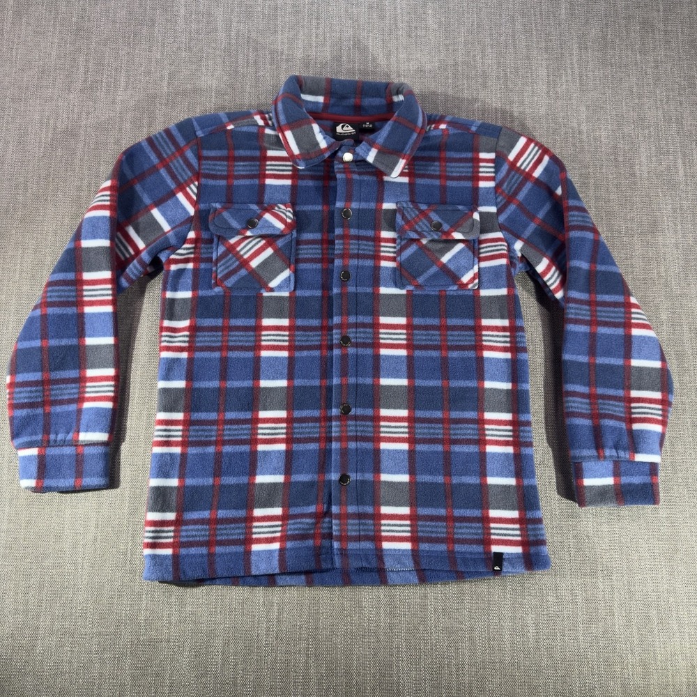 Quiksilver Shirt Boys Medium 10-12 Blue Plaid Fleece Snap Front Long Sleeve